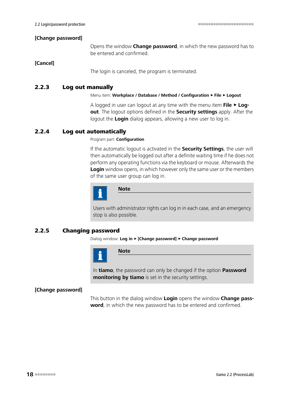 3 log out manually, 4 log out automatically, 5 changing password | Log out manually, Log out automatically, Changing password, Manual logout, Automatic logout, Change password | Metrohm tiamo 2.2 (ProcessLab) User Manual | Page 34 / 1644