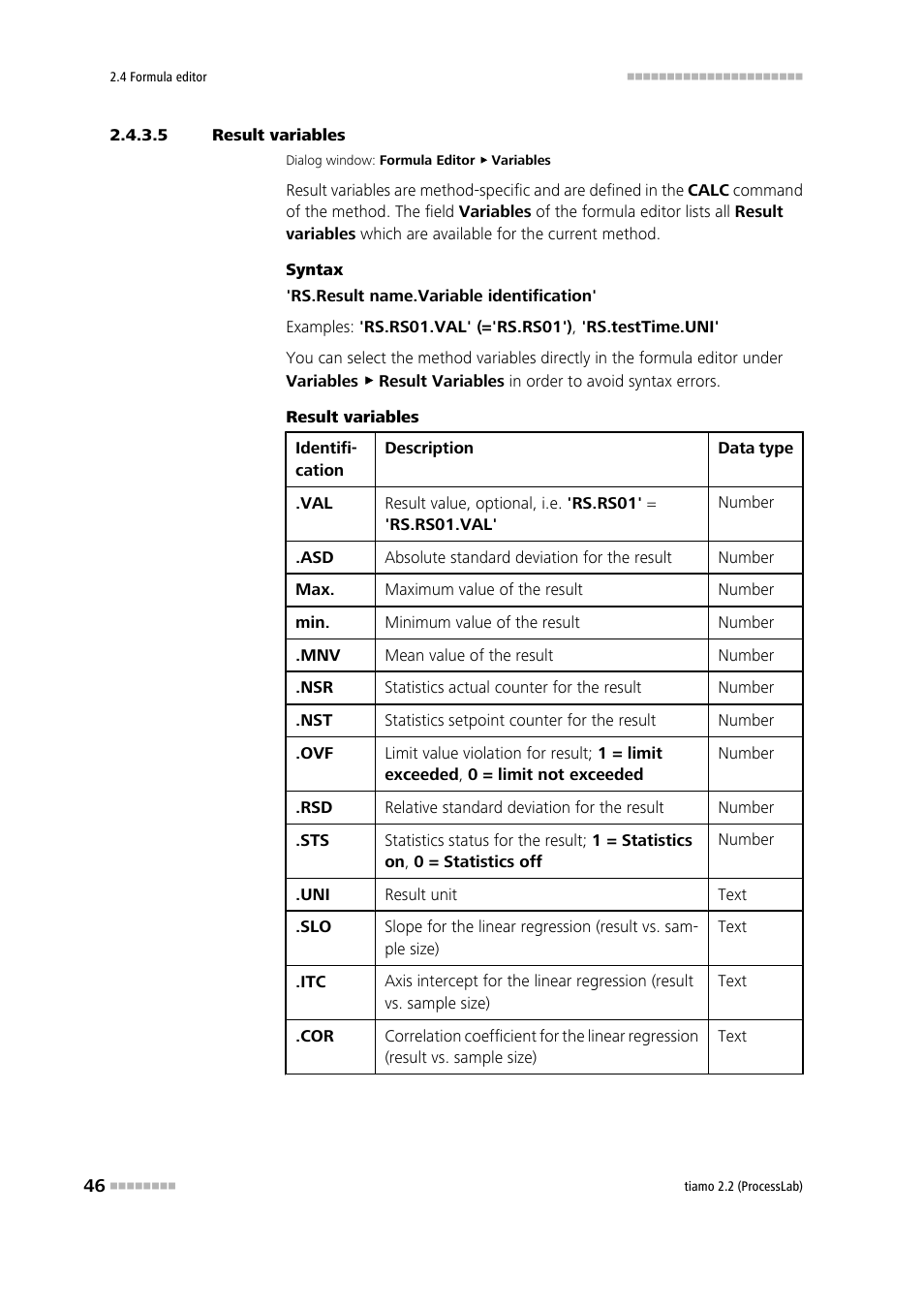 5 result variables, Result vari- ables | Metrohm tiamo 2.2 (ProcessLab) User Manual | Page 62 / 1644