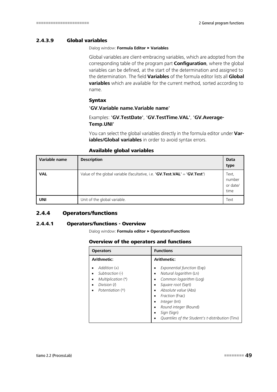 9 global variables, 4 operators/functions, 1 operators/functions - overview | Operators/functions | Metrohm tiamo 2.2 (ProcessLab) User Manual | Page 65 / 1644