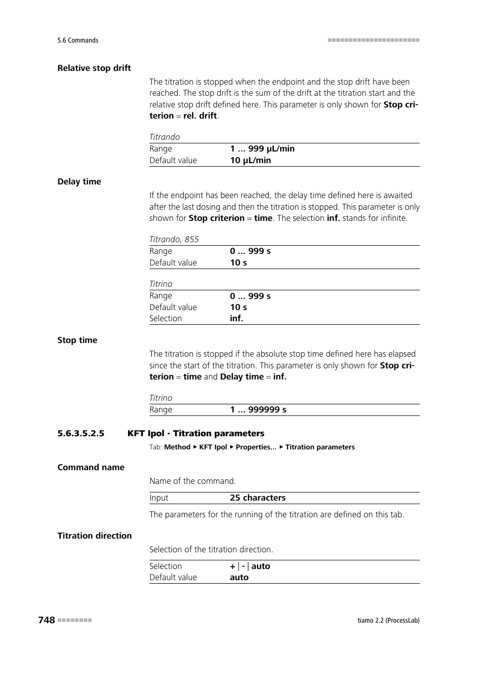 5 kft ipol - titration parameters, Titration parameters | Metrohm tiamo 2.2 (ProcessLab) User Manual | Page 764 / 1644