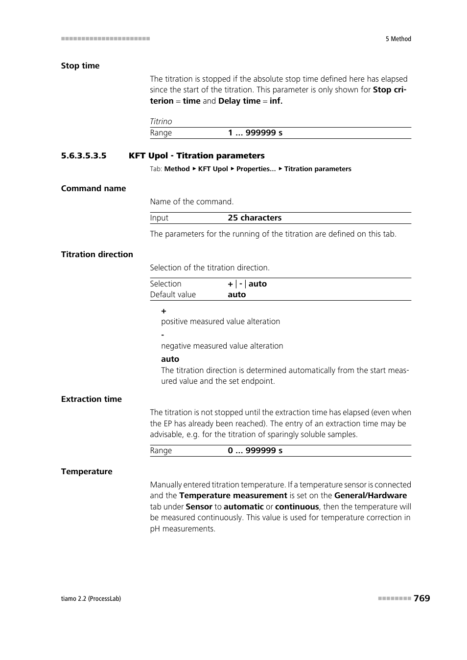 5 kft upol - titration parameters, Titration parameters | Metrohm tiamo 2.2 (ProcessLab) User Manual | Page 785 / 1644