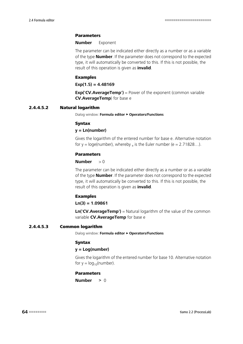 2 natural logarithm, 3 common logarithm, Natural logarithm | Common logarithm (log) | Metrohm tiamo 2.2 (ProcessLab) User Manual | Page 80 / 1644