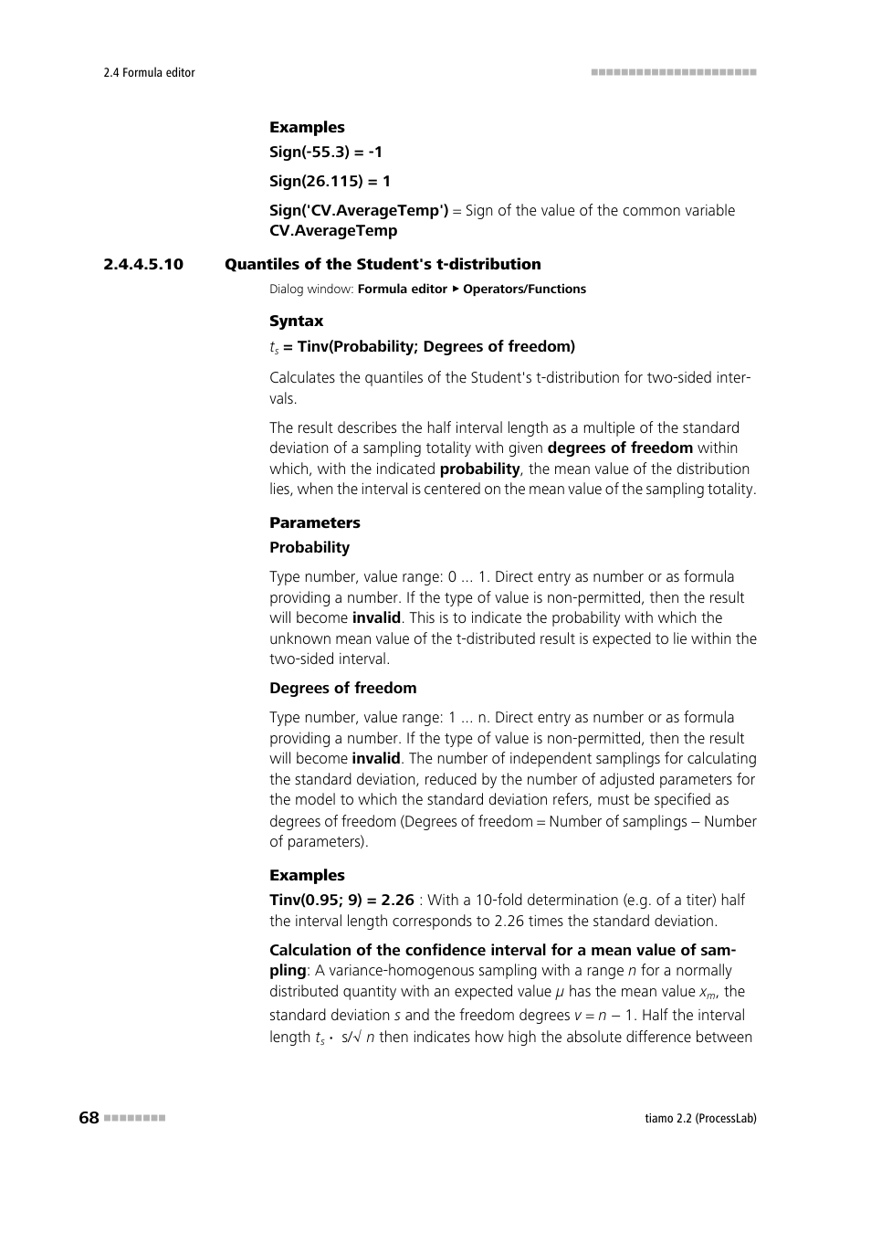 10 quantiles of the student's t-distribution, Quantiles of the student's t-distribution | Metrohm tiamo 2.2 (ProcessLab) User Manual | Page 84 / 1644