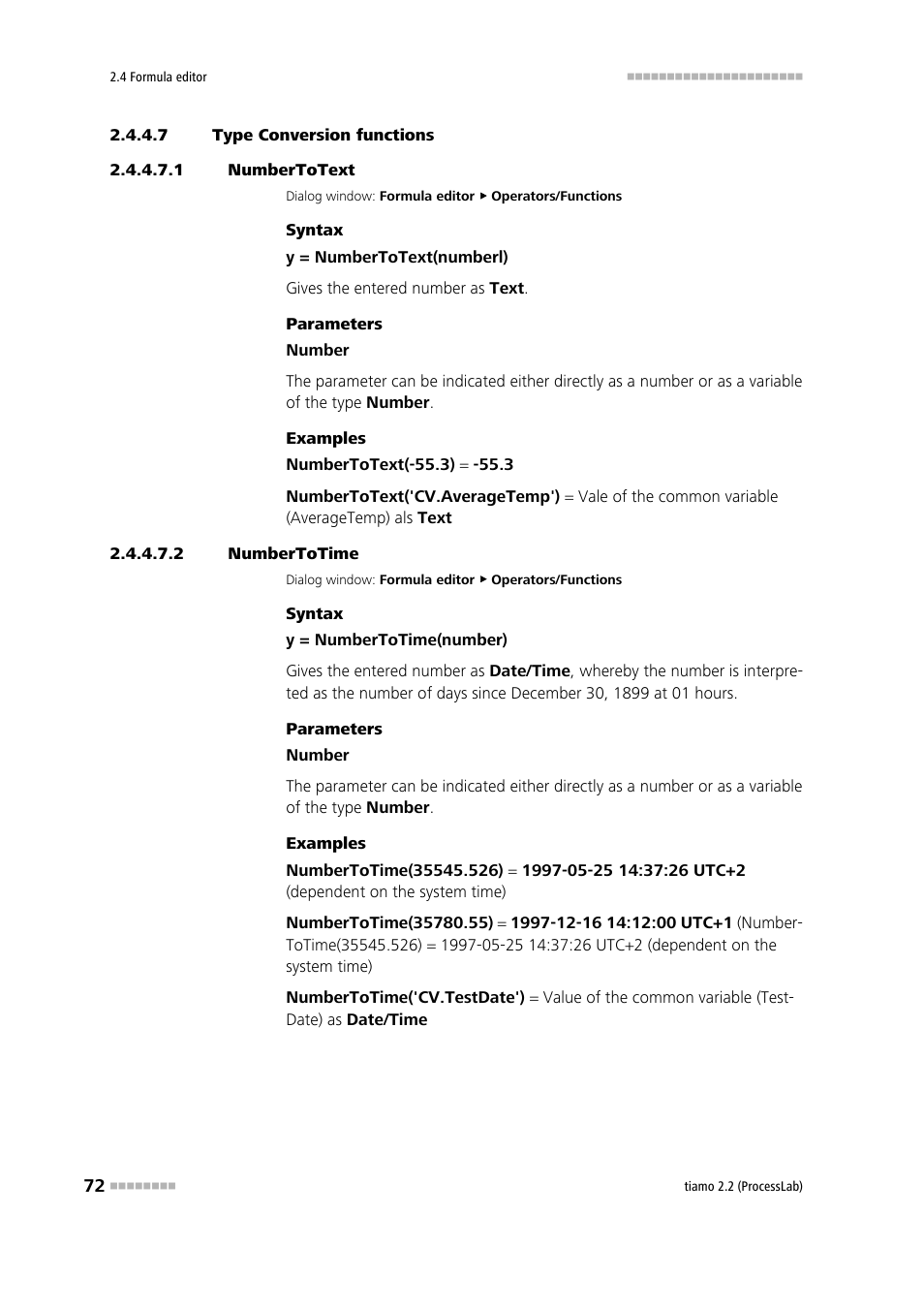 7 type conversion functions, 1 numbertotext, 2 numbertotime | Numbertotext, Numbertotime | Metrohm tiamo 2.2 (ProcessLab) User Manual | Page 88 / 1644