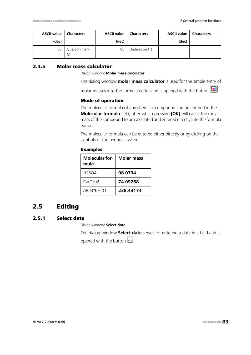 5 molar mass calculator, 5 editing, 1 select date | Molar mass calculator, Editing, Select date | Metrohm tiamo 2.2 (ProcessLab) User Manual | Page 99 / 1644