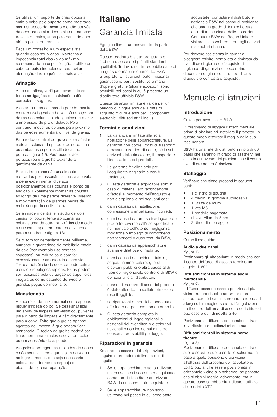 Italiano garanzia limitata, Manuale di istruzioni | Bowers & Wilkins XT2 User Manual | Page 14 / 33