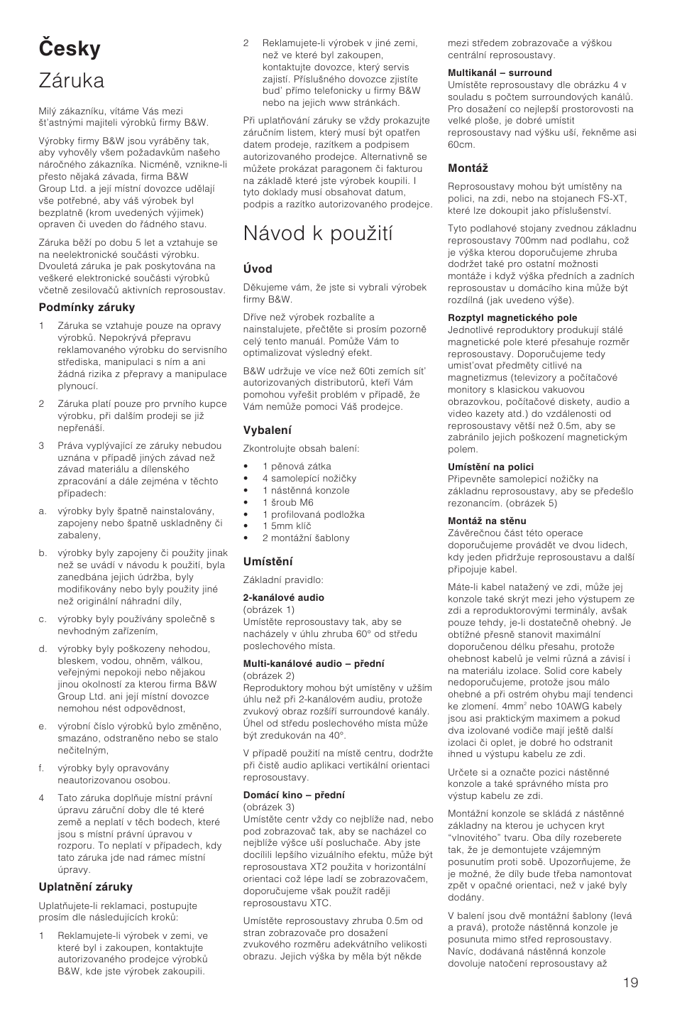 Esky záruka, Návod k pouãití | Bowers & Wilkins XT2 User Manual | Page 22 / 33