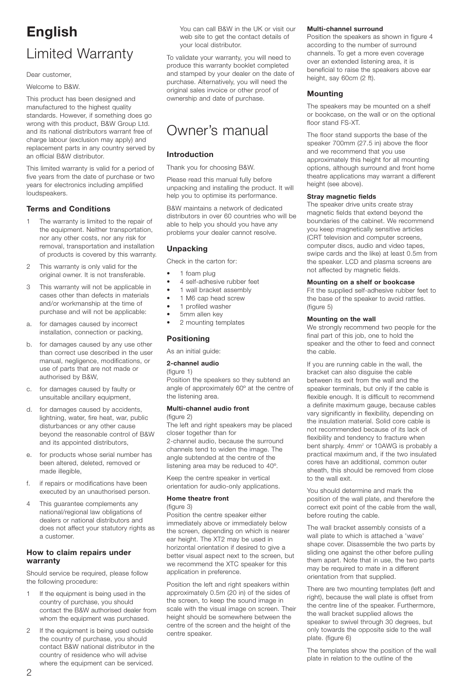 English limited warranty, Owner’s manual | Bowers & Wilkins XT2 User Manual | Page 5 / 33