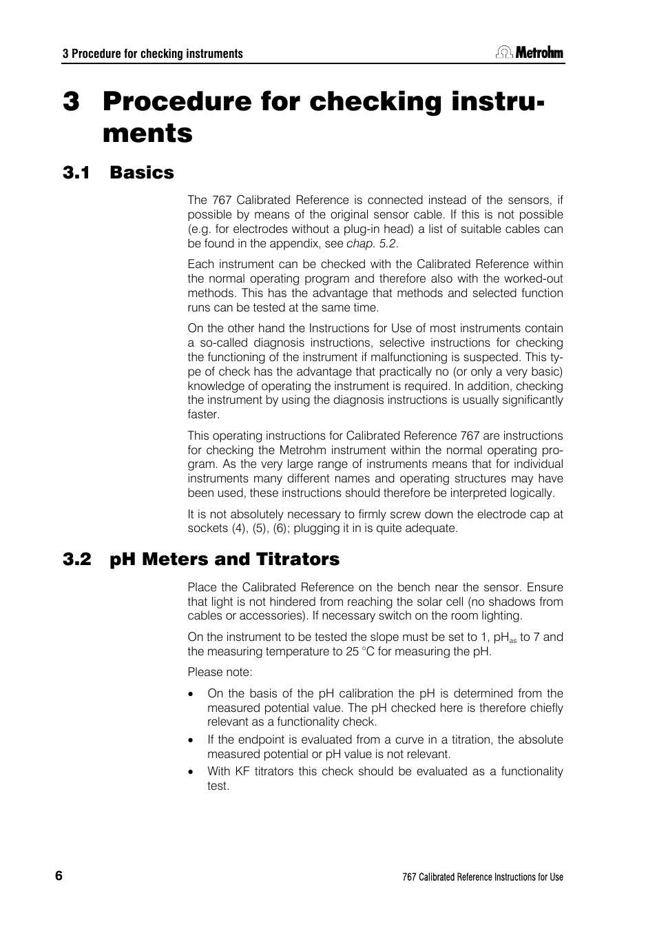 3 procedure for checking instruments, 1 basics, 2 ph meters and titrators | Procedure for checking instruments, Basics, Ph meters and titrators, 3 procedure for checking instru- ments | Metrohm 767 Calibrated Reference User Manual | Page 10 / 23
