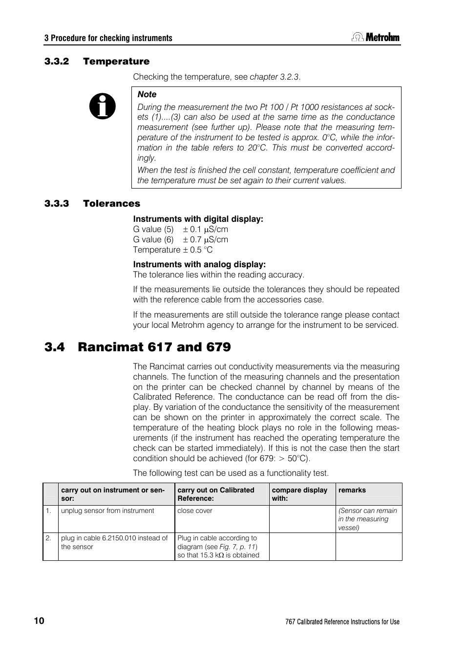 2 temperature, 3 tolerances, 4 rancimat 617 and 679 | Temperature, Tolerances, Rancimat 617 and 679 | Metrohm 767 Calibrated Reference User Manual | Page 14 / 23