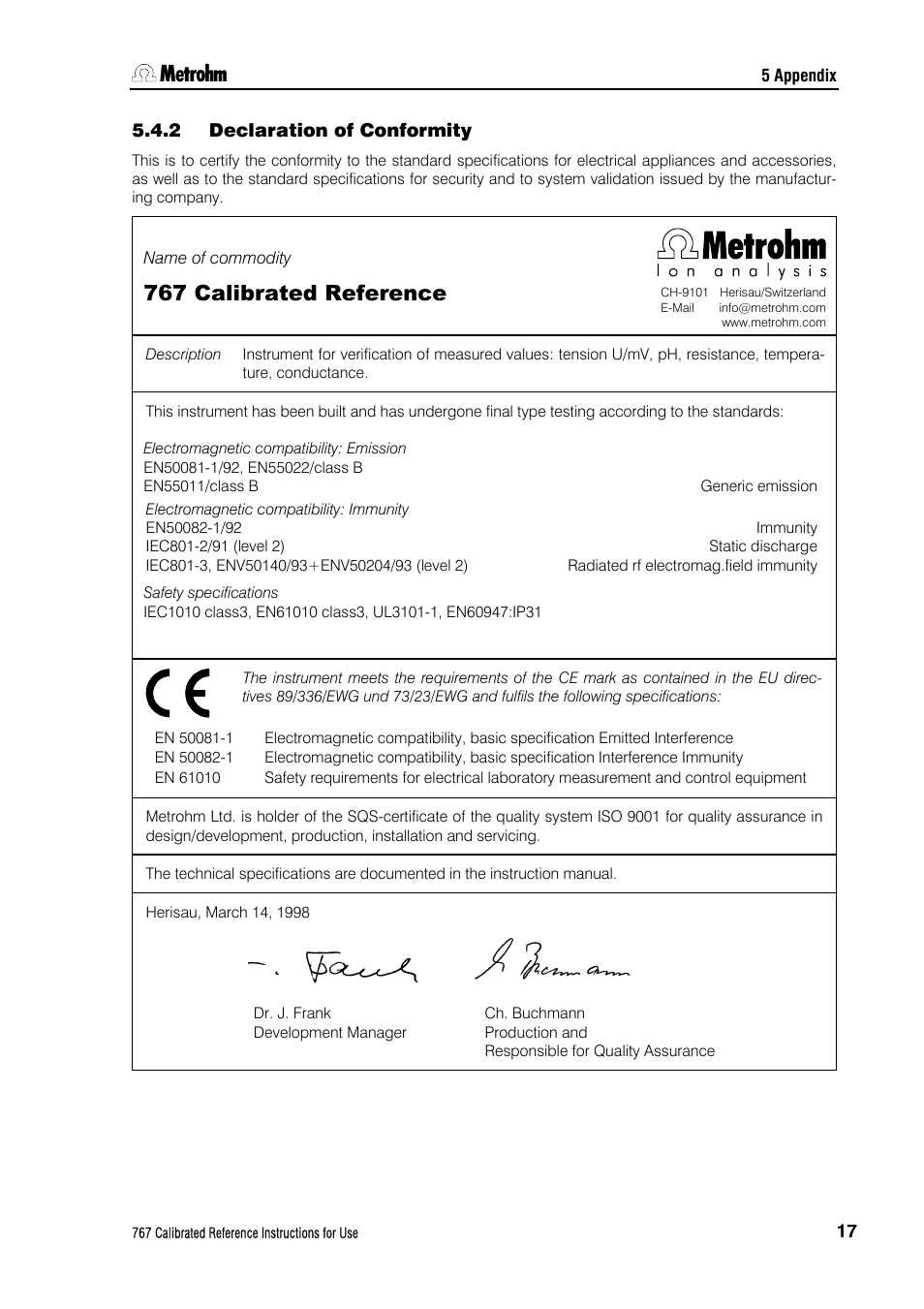 2 declaration of conformity, Declaration of conformity, 767 calibrated reference | Metrohm 767 Calibrated Reference User Manual | Page 21 / 23