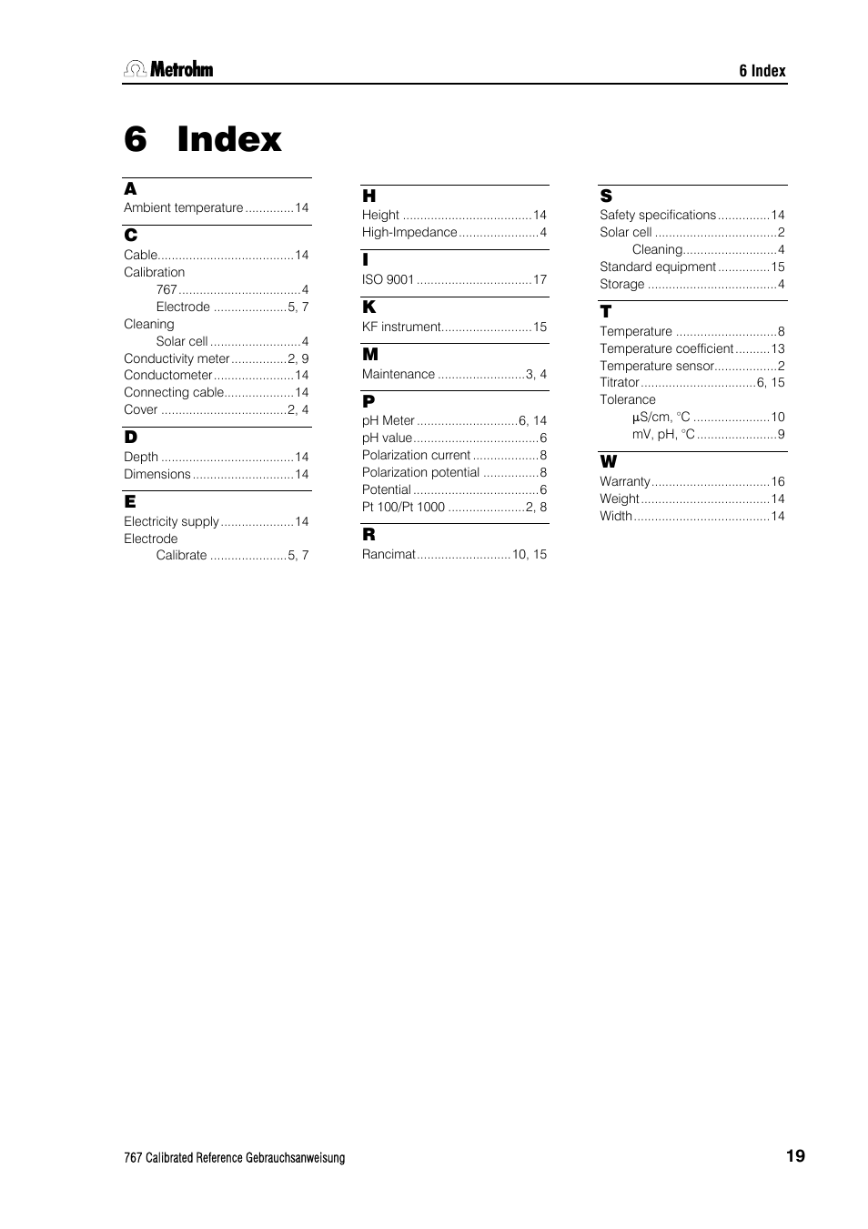 6 index, Index | Metrohm 767 Calibrated Reference User Manual | Page 23 / 23