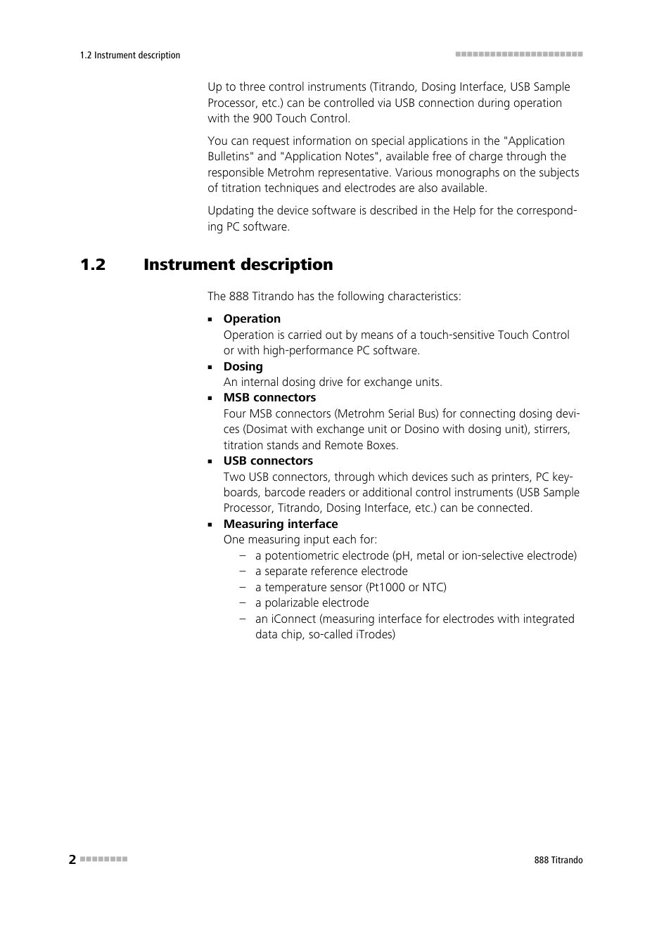 2 instrument description, Instrument description | Metrohm 888 Titrando User Manual | Page 10 / 57