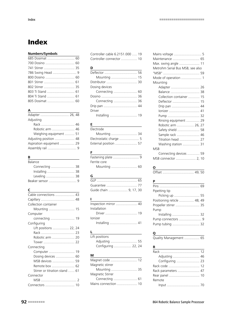 Index | Metrohm 864 Robotic Balance Sample Processor User Manual | Page 100 / 101