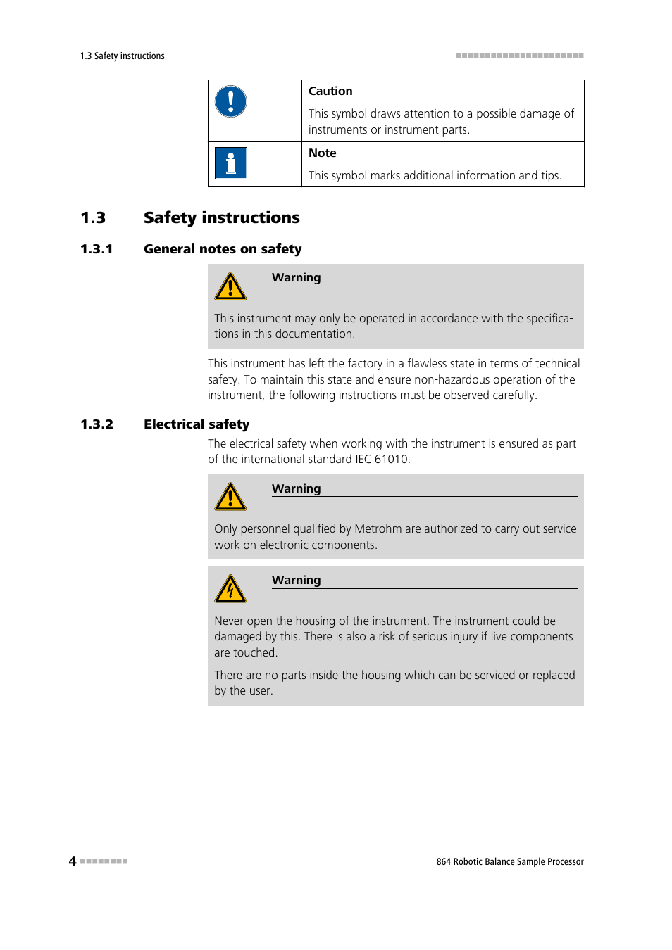 3 safety instructions, 1 general notes on safety, 2 electrical safety | Safety instructions, General notes on safety, Electrical safety | Metrohm 864 Robotic Balance Sample Processor User Manual | Page 12 / 101