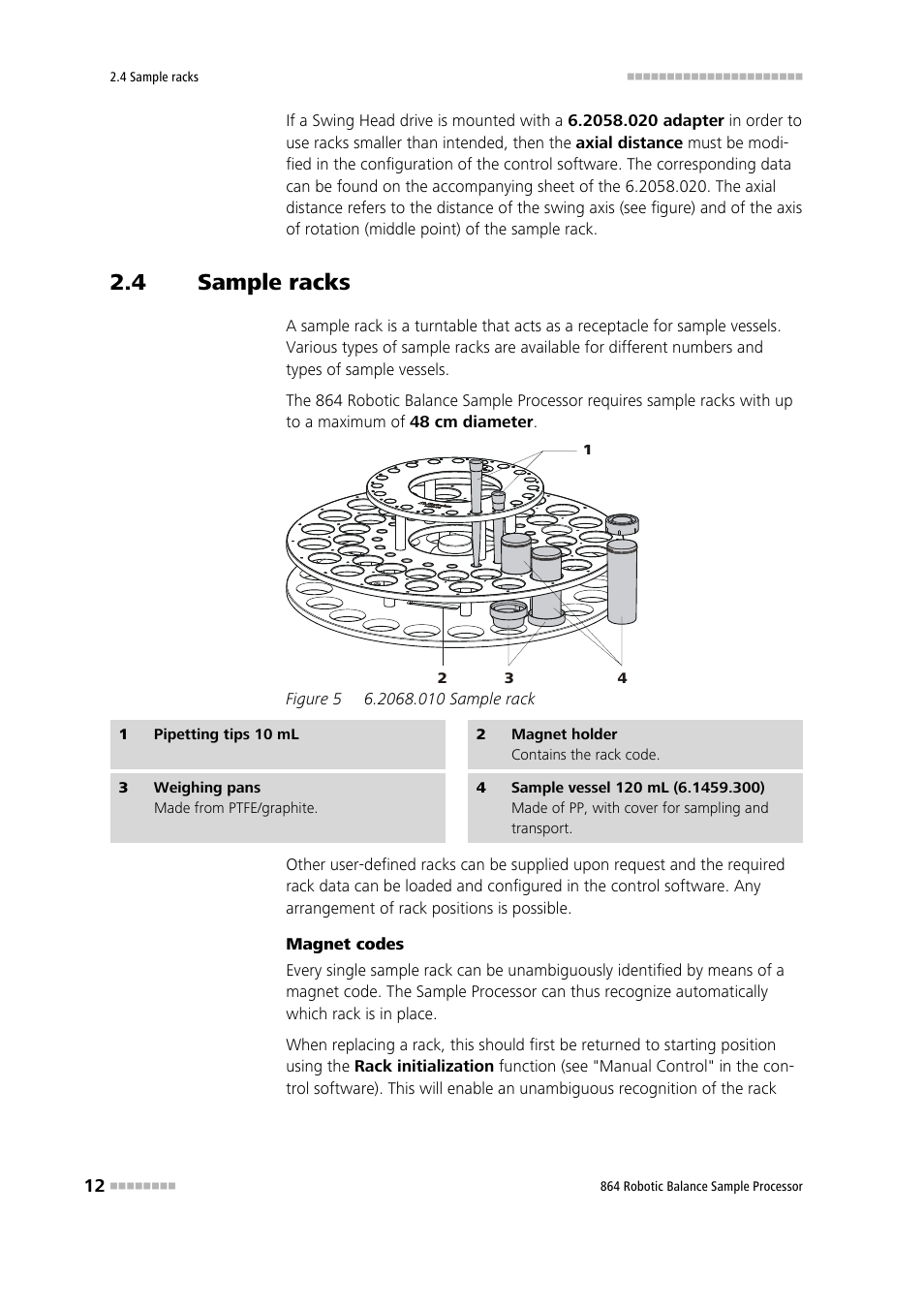 4 sample racks, Sample racks, Figure 5 | 2068.010 sample rack | Metrohm 864 Robotic Balance Sample Processor User Manual | Page 20 / 101