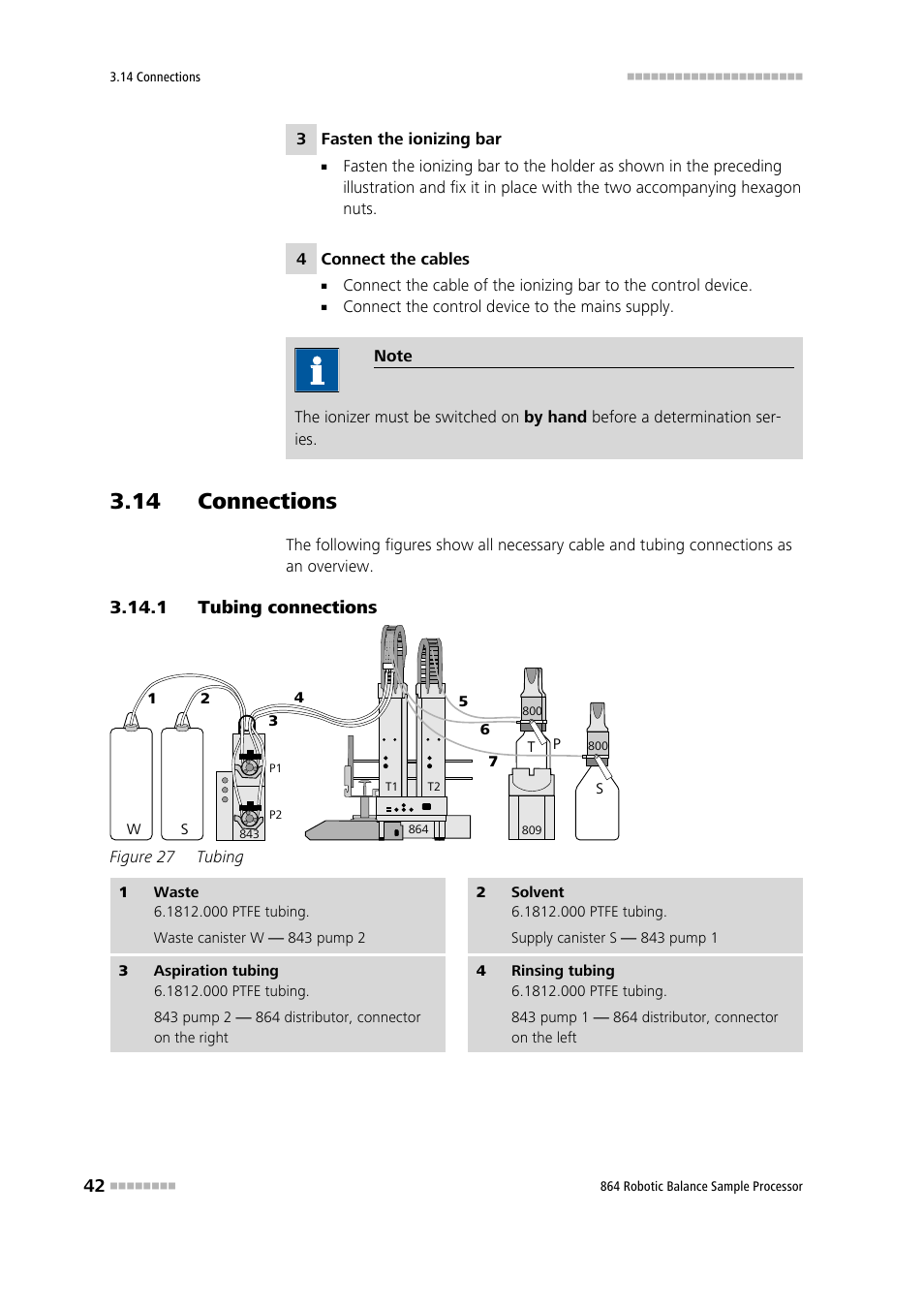 14 connections, 1 tubing connections, Tubing connections | Figure 27, Tubing | Metrohm 864 Robotic Balance Sample Processor User Manual | Page 50 / 101