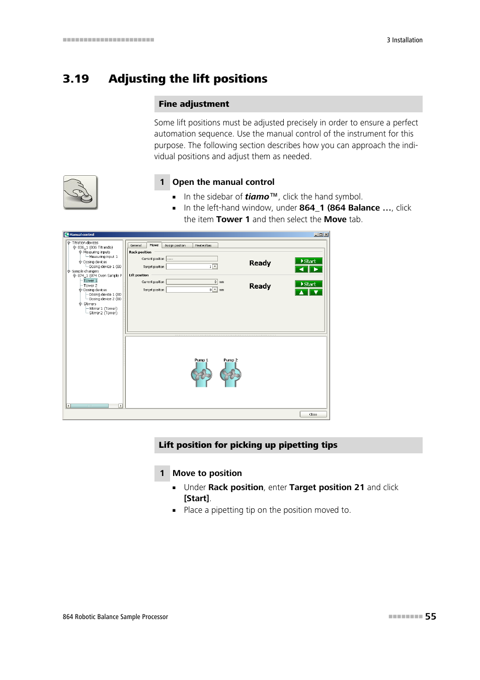 19 adjusting the lift positions | Metrohm 864 Robotic Balance Sample Processor User Manual | Page 63 / 101