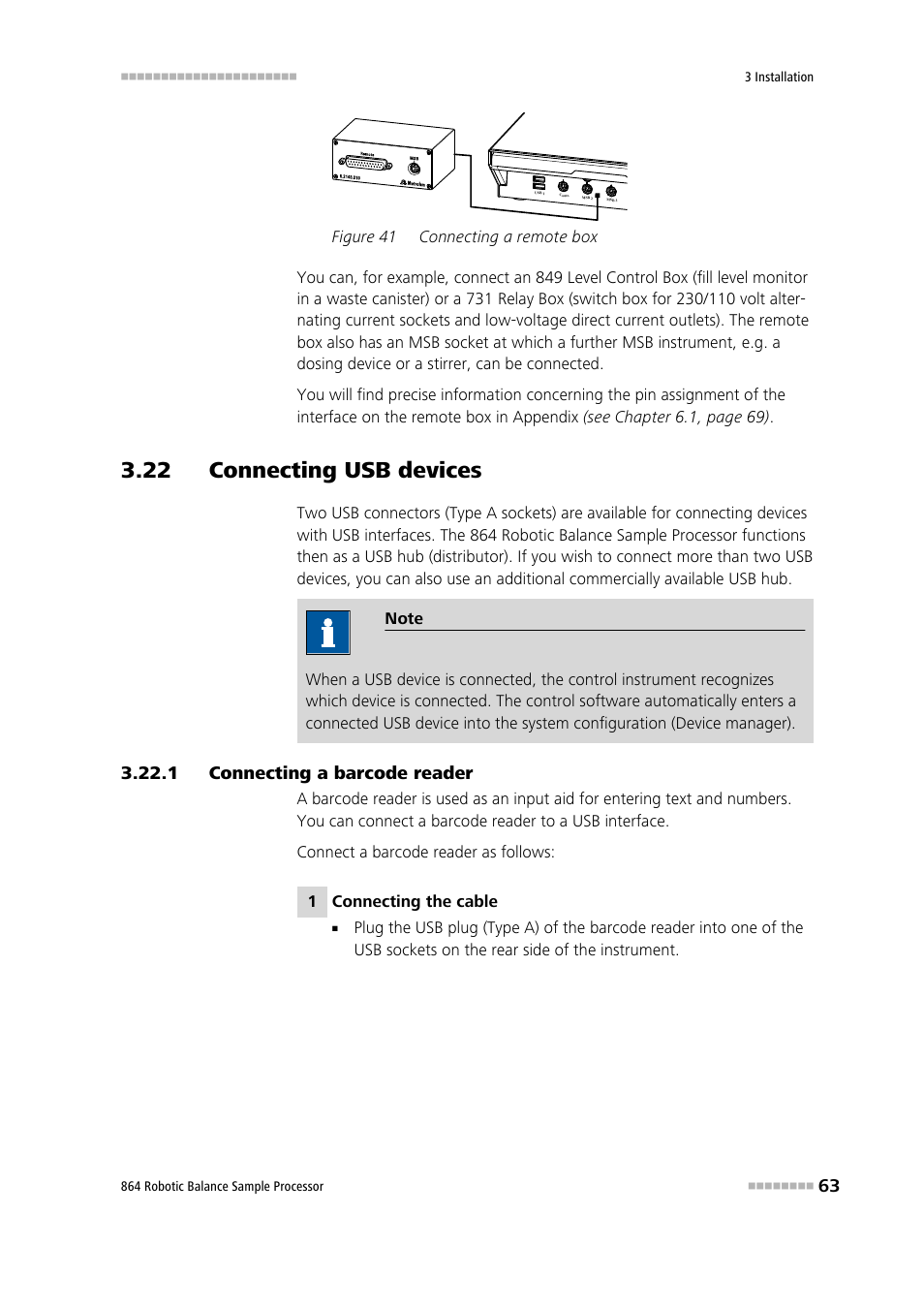22 connecting usb devices, 1 connecting a barcode reader, Connecting a barcode reader | Figure 41, Connecting a remote box | Metrohm 864 Robotic Balance Sample Processor User Manual | Page 71 / 101