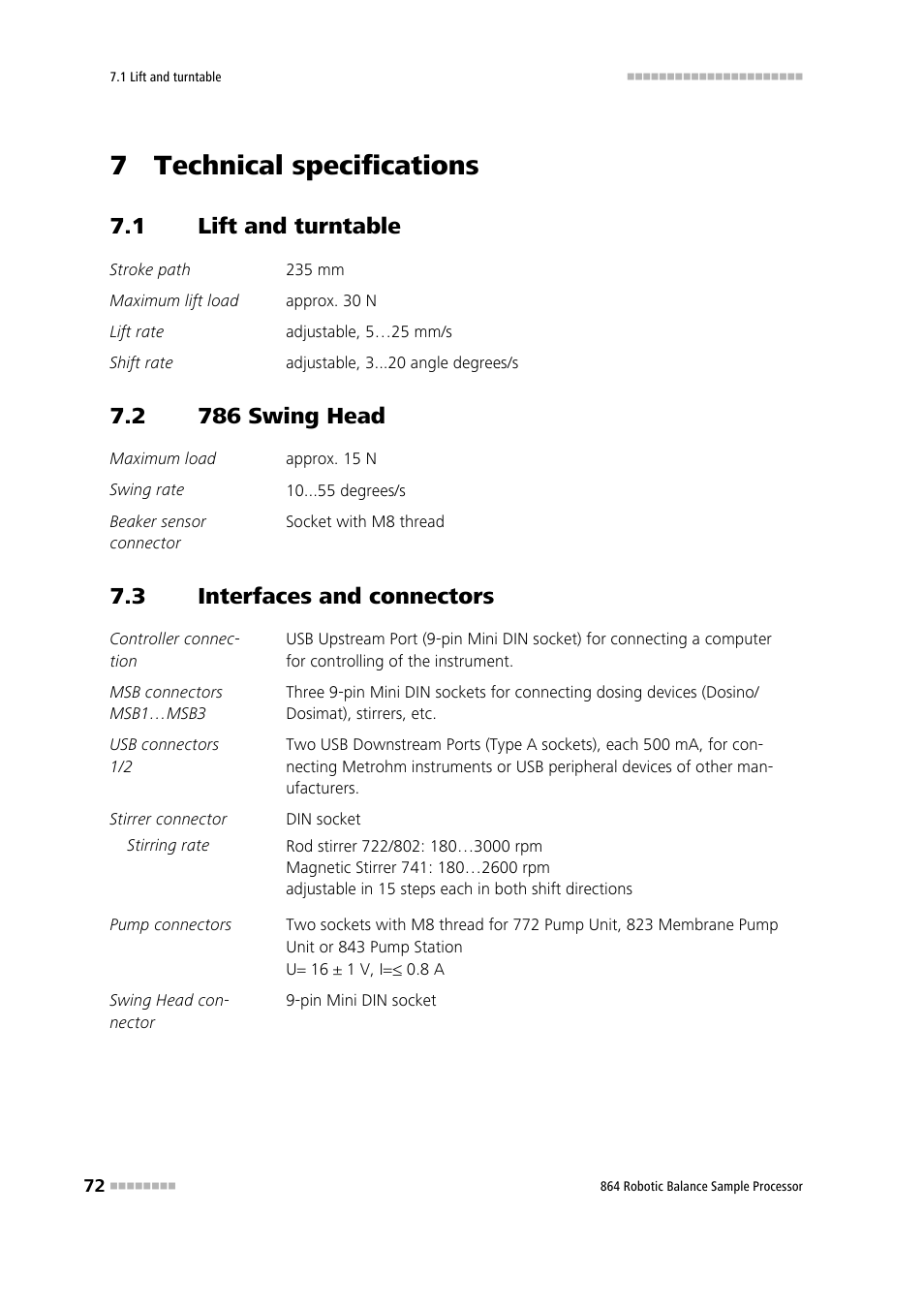 7 technical specifications, 1 lift and turntable, 2 786 swing head | 3 interfaces and connectors, Lift and turntable, 786 swing head, Interfaces and connectors | Metrohm 864 Robotic Balance Sample Processor User Manual | Page 80 / 101