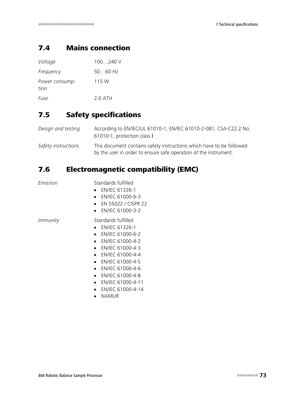 4 mains connection, 5 safety specifications, 6 electromagnetic compatibility (emc) | Mains connection, Safety specifications, Electromagnetic compatibility (emc) | Metrohm 864 Robotic Balance Sample Processor User Manual | Page 81 / 101