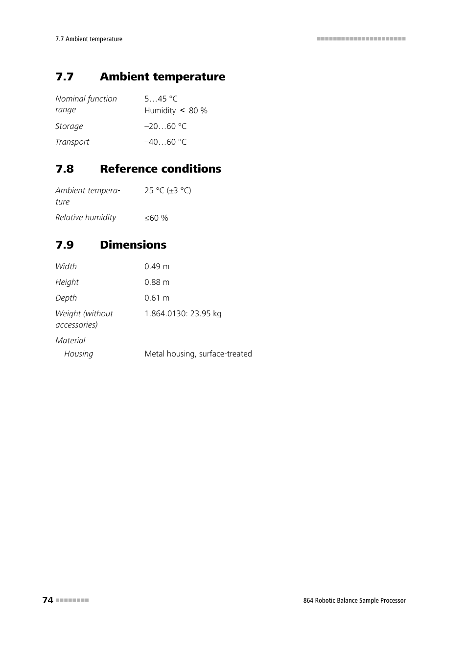 7 ambient temperature, 8 reference conditions, 9 dimensions | Ambient temperature, Reference conditions, Dimensions | Metrohm 864 Robotic Balance Sample Processor User Manual | Page 82 / 101