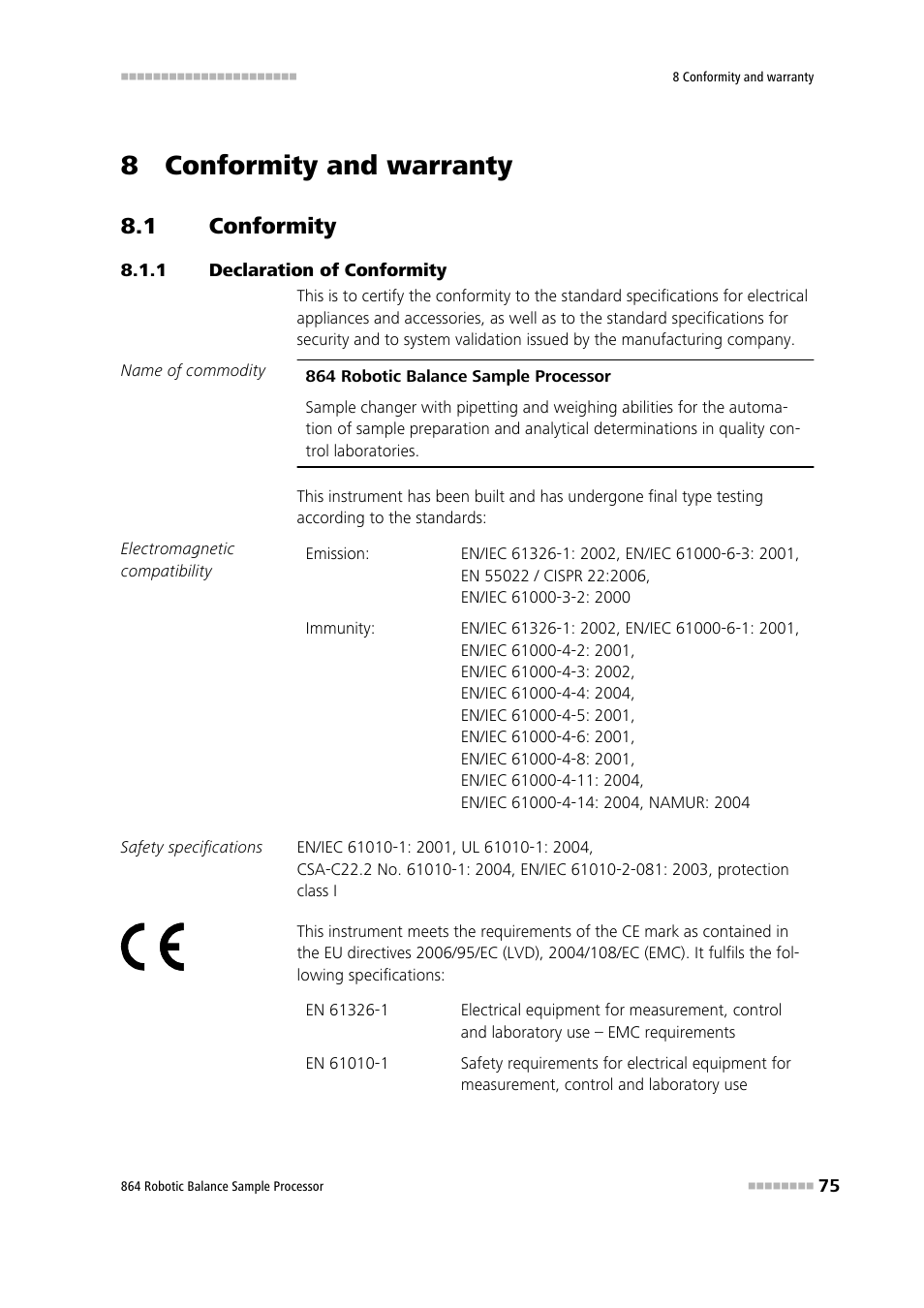 8 conformity and warranty, 1 conformity, 1 declaration of conformity | Conformity, Declaration of conformity | Metrohm 864 Robotic Balance Sample Processor User Manual | Page 83 / 101