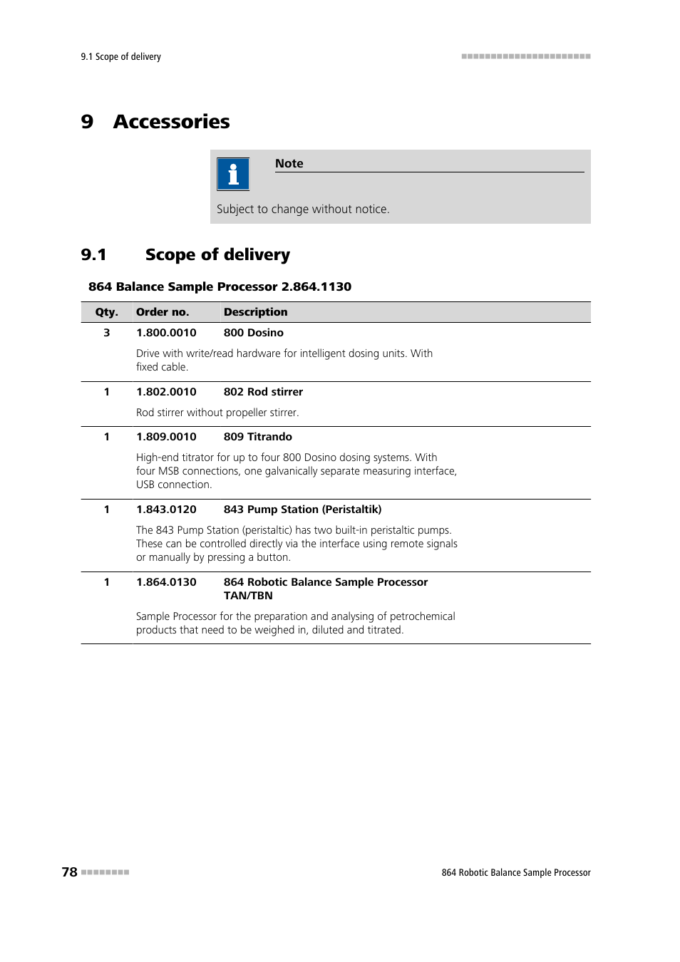 9 accessories, 1 scope of delivery, Scope of delivery | Metrohm 864 Robotic Balance Sample Processor User Manual | Page 86 / 101