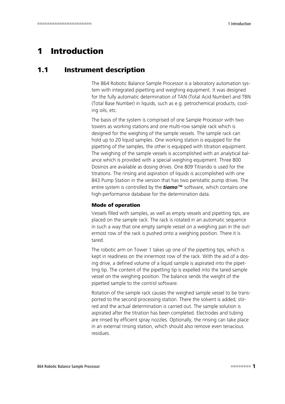 1 introduction, 1 instrument description, Instrument description | Metrohm 864 Robotic Balance Sample Processor User Manual | Page 9 / 101