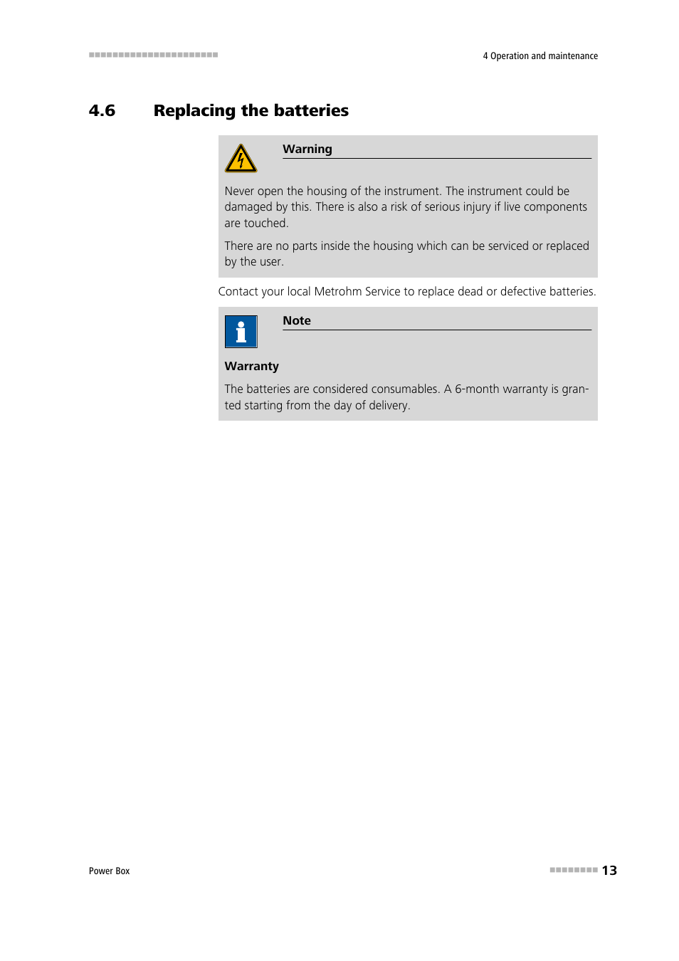 6 replacing the batteries, Replacing the batteries | Metrohm Power Box (for 899 Coulometer) User Manual | Page 19 / 25
