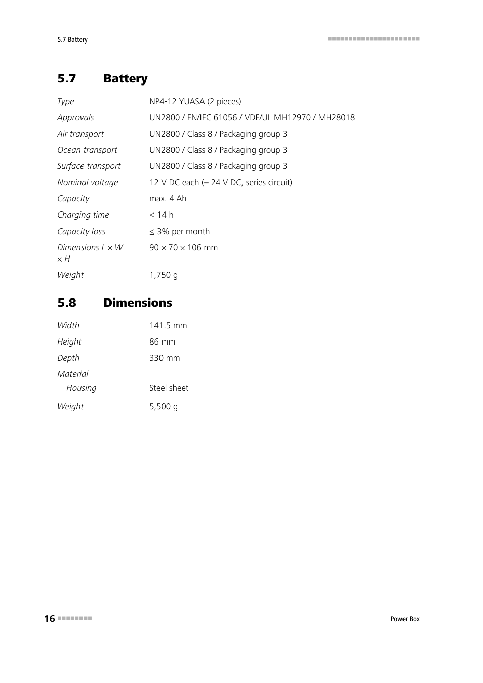 7 battery, 8 dimensions, Battery | Dimensions | Metrohm Power Box (for 899 Coulometer) User Manual | Page 22 / 25