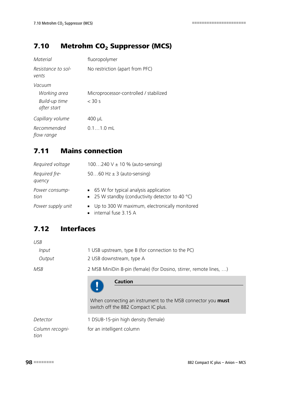 10 metrohm co2 suppressor (mcs), 11 mains connection, 12 interfaces | 10 metrohm co, Suppressor (mcs) | Metrohm 882 Compact IC plus – Anion – MCS User Manual | Page 108 / 130