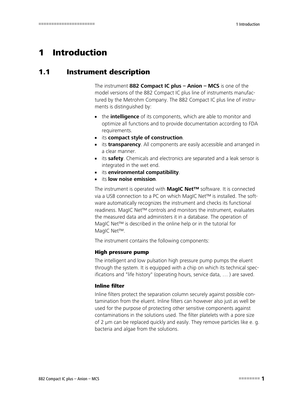 1 introduction, 1 instrument description, Instrument description | Metrohm 882 Compact IC plus – Anion – MCS User Manual | Page 11 / 130
