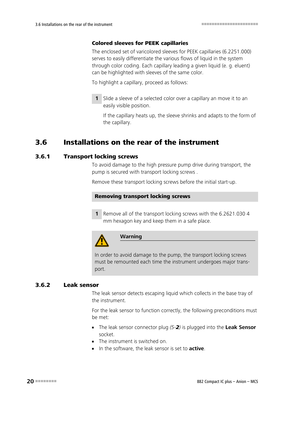 6 installations on the rear of the instrument, 1 transport locking screws, 2 leak sensor | Installations on the rear of the instrument, Transport locking screws, Leak sensor | Metrohm 882 Compact IC plus – Anion – MCS User Manual | Page 30 / 130