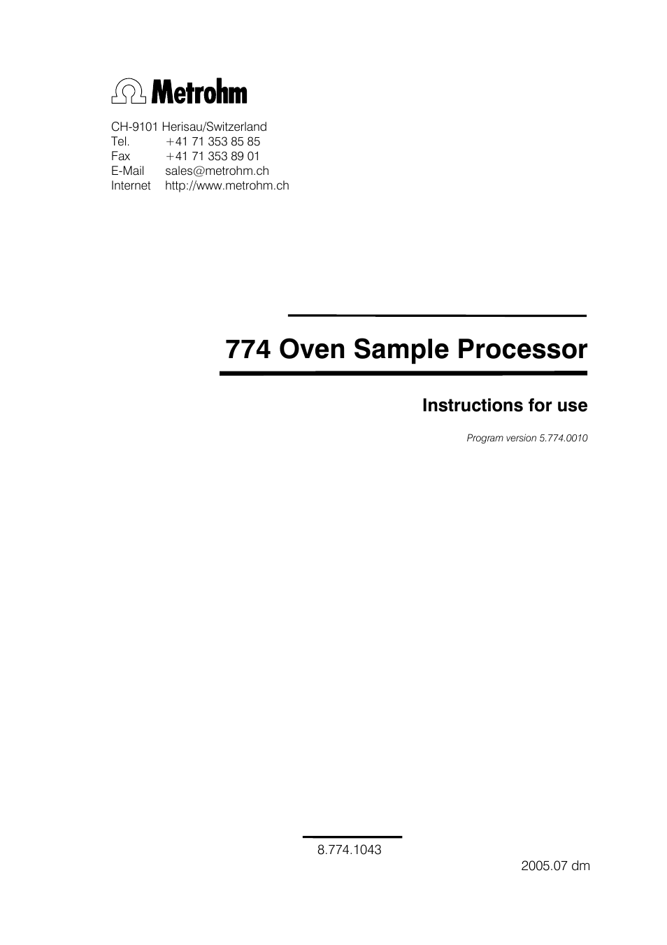 Metrohm 774 Oven Sample Processor User Manual | 168 pages