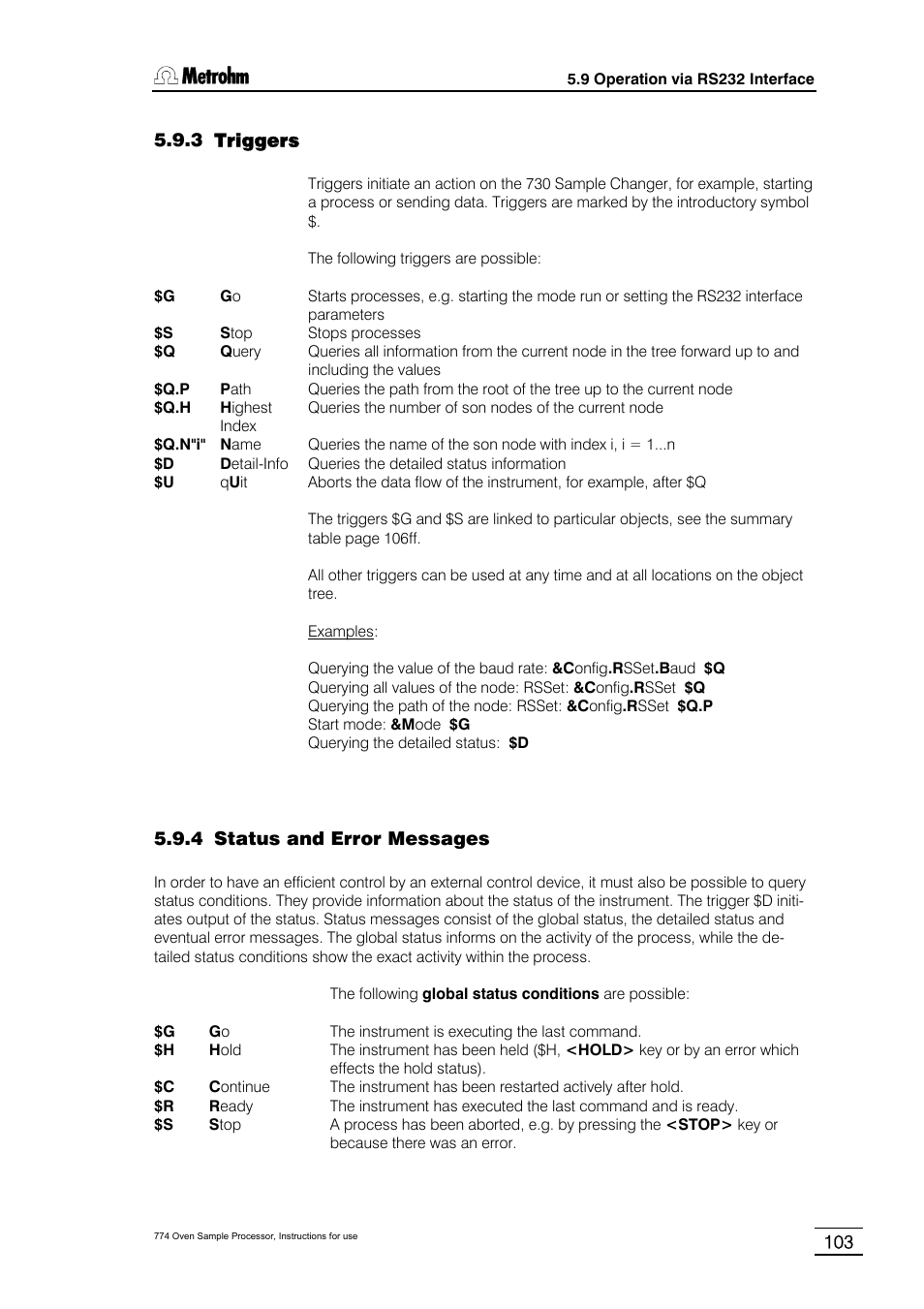 3 triggers, 4 status and error messages | Metrohm 774 Oven Sample Processor User Manual | Page 109 / 168