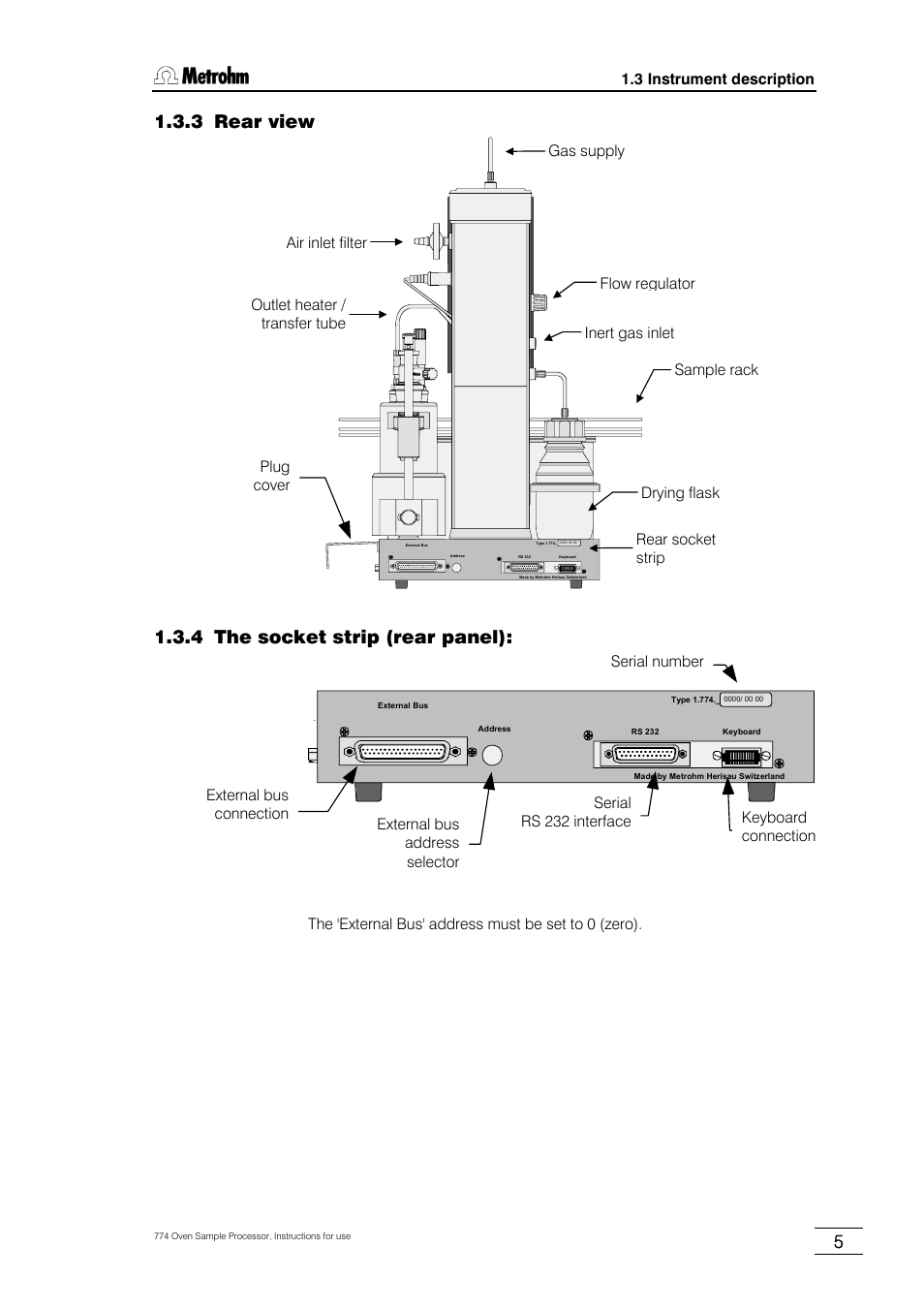 3 rear view, 4 the socket strip (rear panel) | Metrohm 774 Oven Sample Processor User Manual | Page 11 / 168