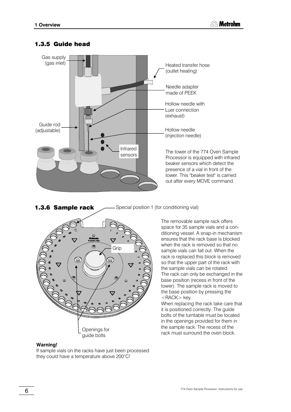 5 guide head, 6 sample rack | Metrohm 774 Oven Sample Processor User Manual | Page 12 / 168