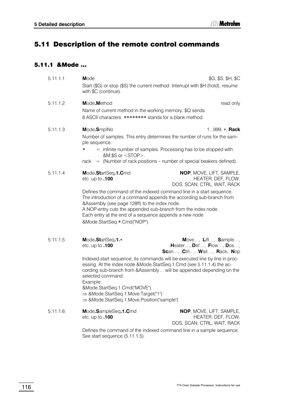 11 description of the remote control commands, 1 &mode | Metrohm 774 Oven Sample Processor User Manual | Page 122 / 168