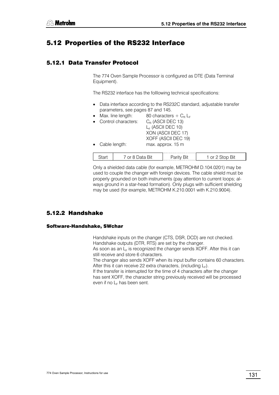 12 properties of the rs232 interface, 1 data transfer protocol, 2 handshake | Metrohm 774 Oven Sample Processor User Manual | Page 137 / 168