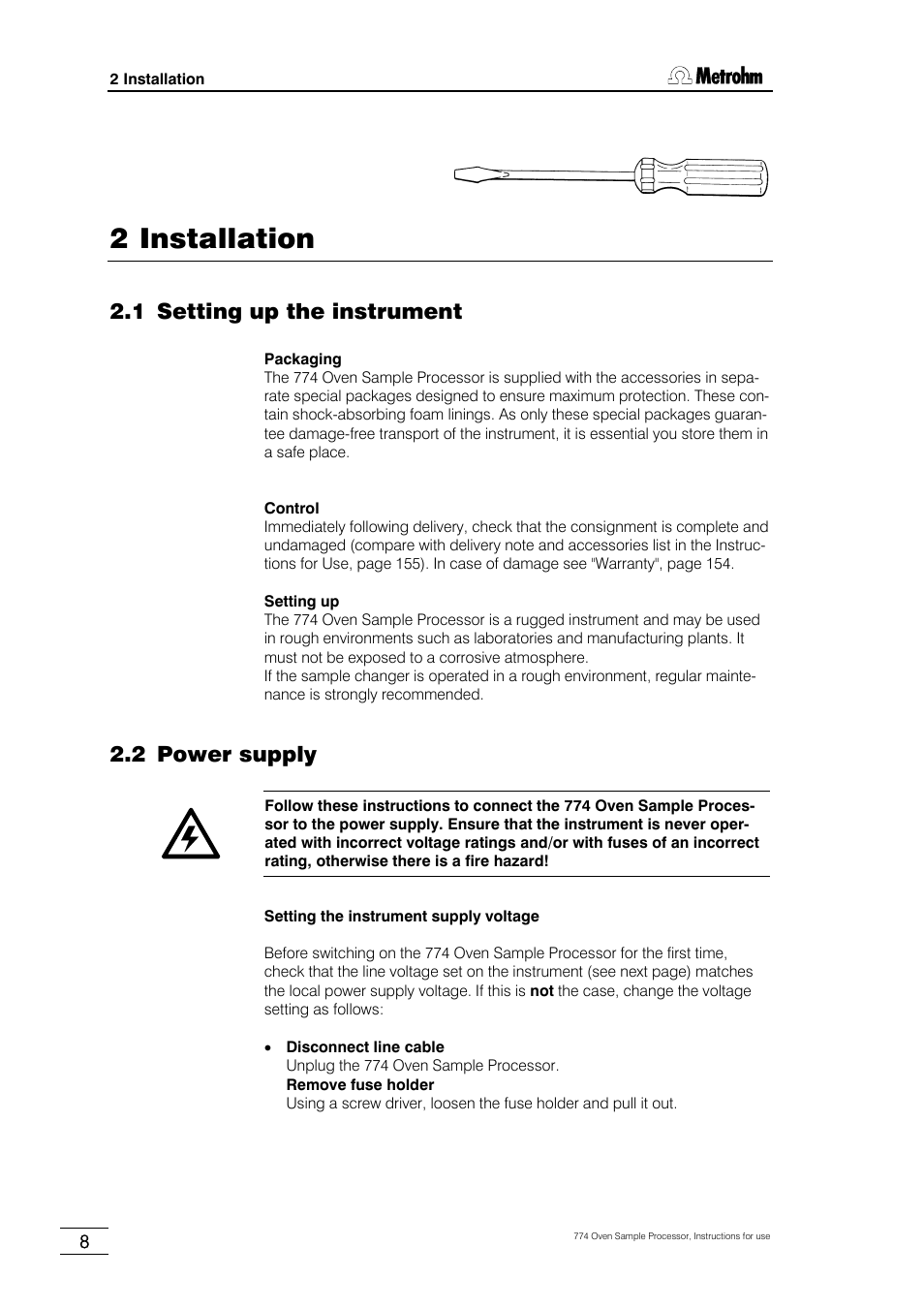 2 installation, 1 setting up the instrument, 2 power supply | Metrohm 774 Oven Sample Processor User Manual | Page 14 / 168