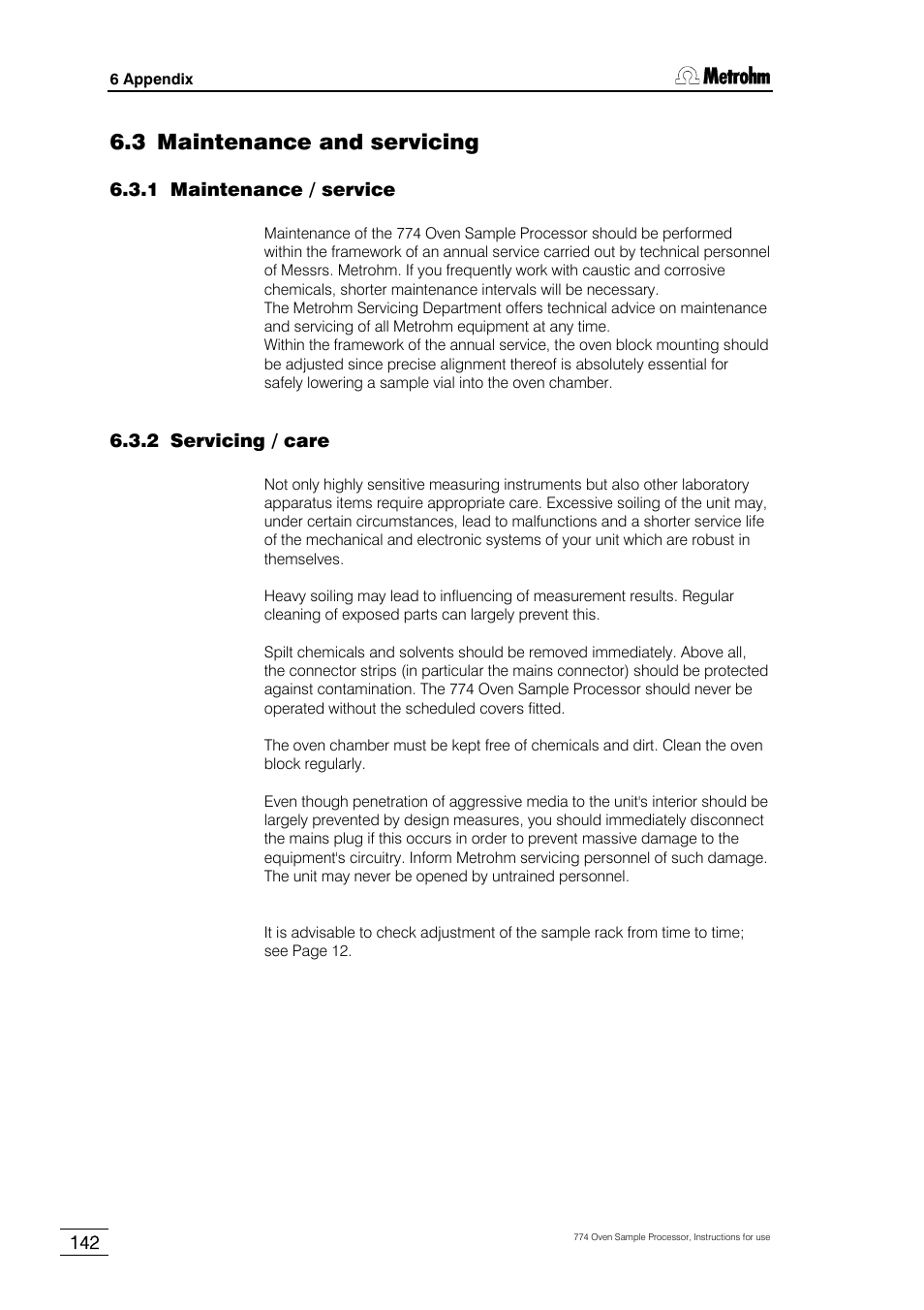 3 maintenance and servicing, 1 maintenance / service, 2 servicing / care | Metrohm 774 Oven Sample Processor User Manual | Page 148 / 168