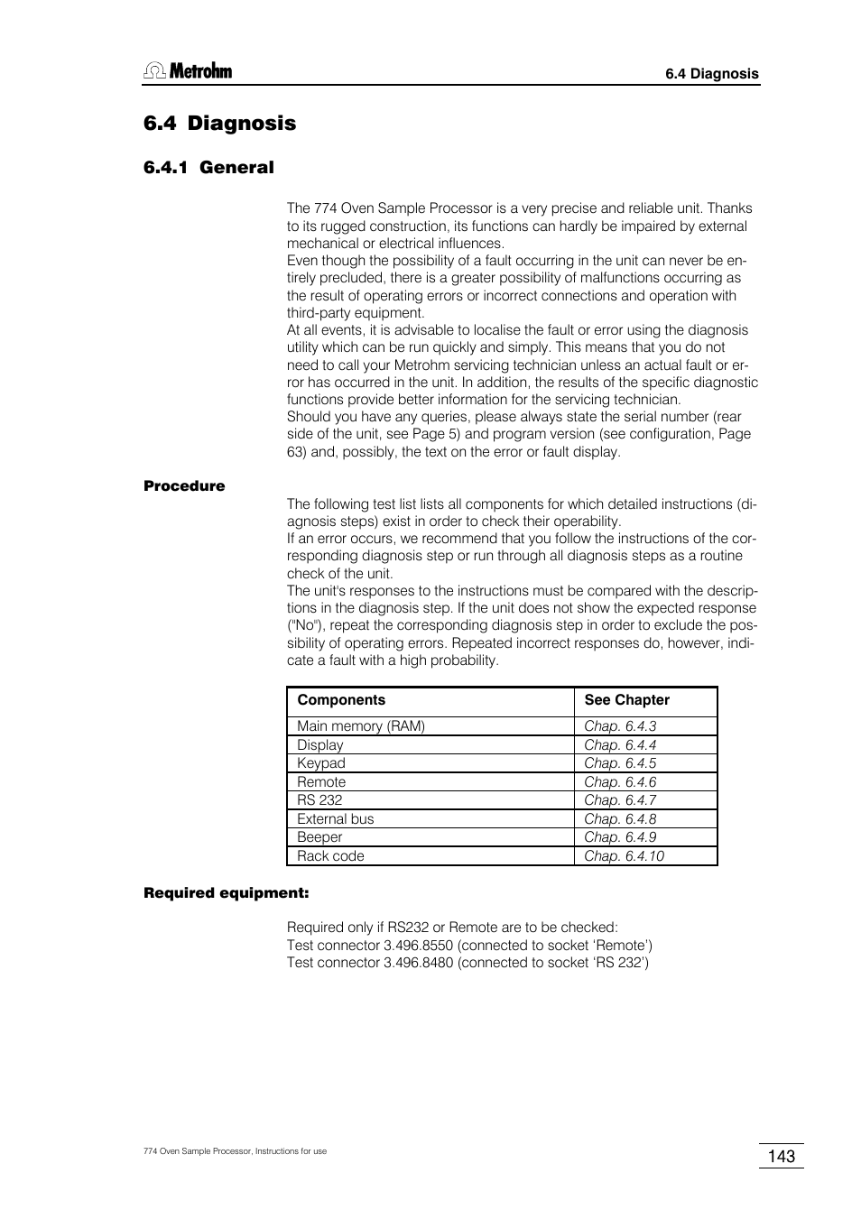 4 diagnosis, 1 general | Metrohm 774 Oven Sample Processor User Manual | Page 149 / 168