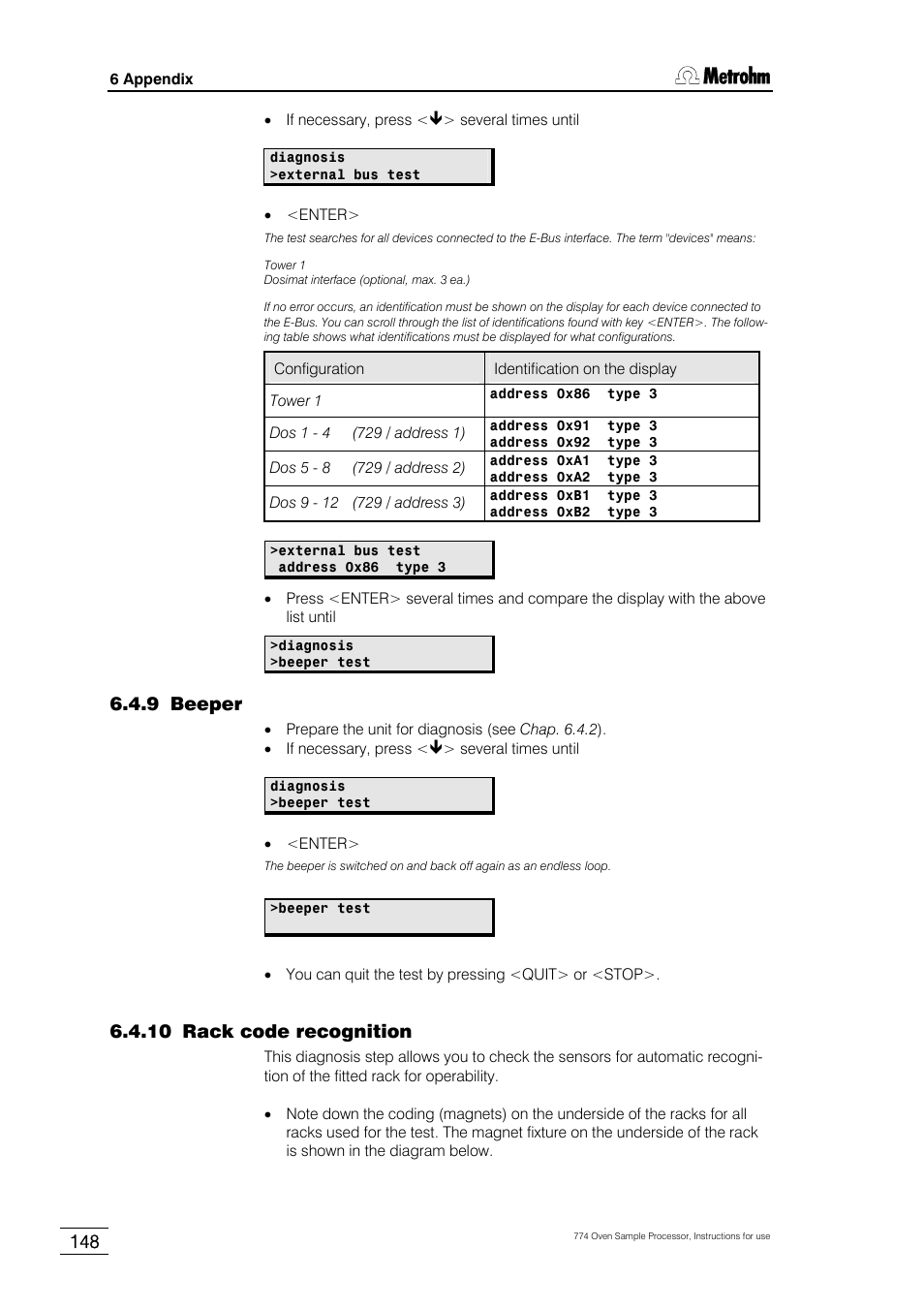 9 beeper, 10 rack code recognition, Chap. 6.4.9 | Chap. 6.4.10 | Metrohm 774 Oven Sample Processor User Manual | Page 154 / 168