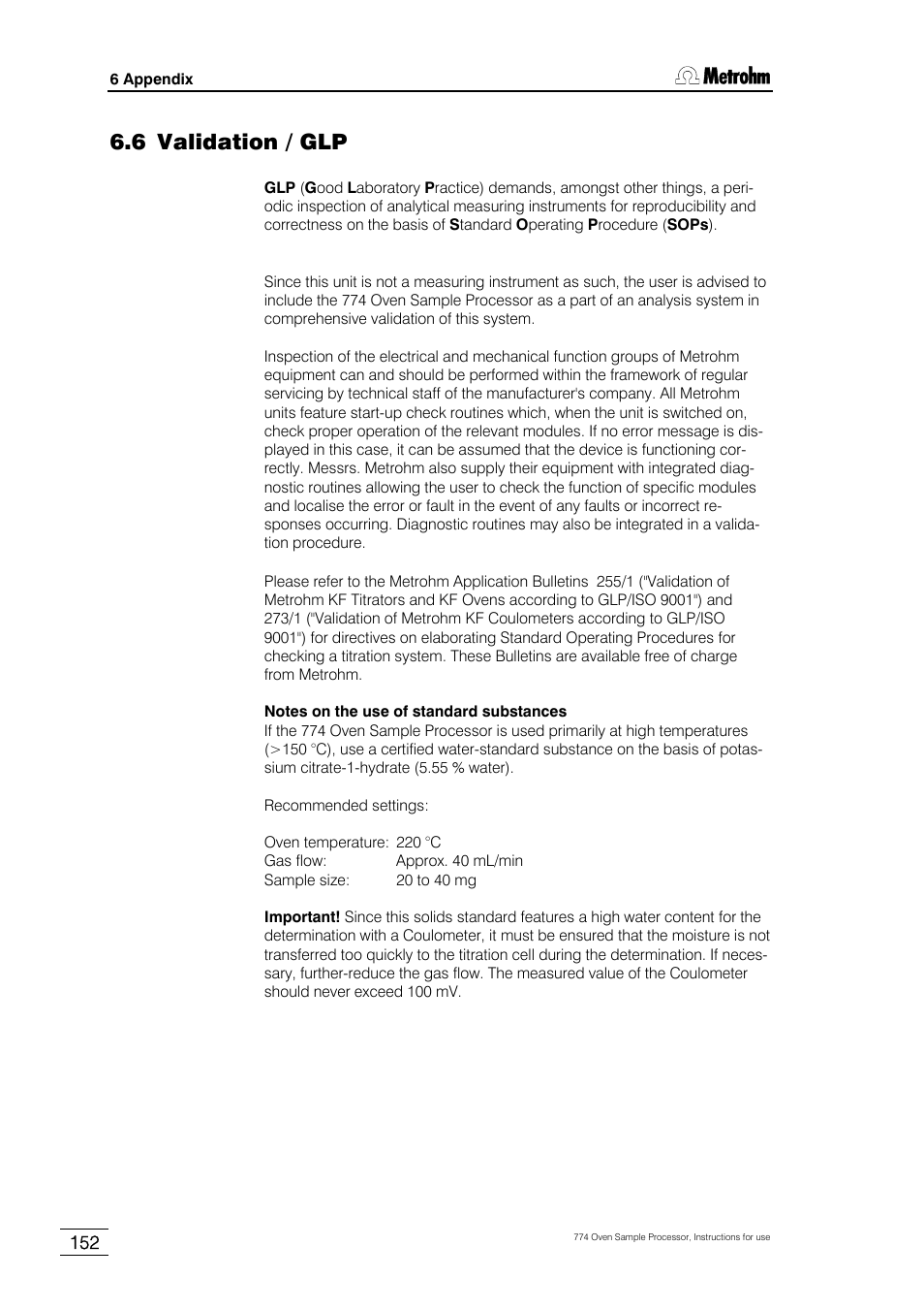 6 validation / glp | Metrohm 774 Oven Sample Processor User Manual | Page 158 / 168