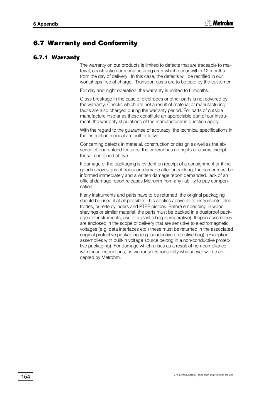 7 warranty and conformity, 1 warranty | Metrohm 774 Oven Sample Processor User Manual | Page 160 / 168