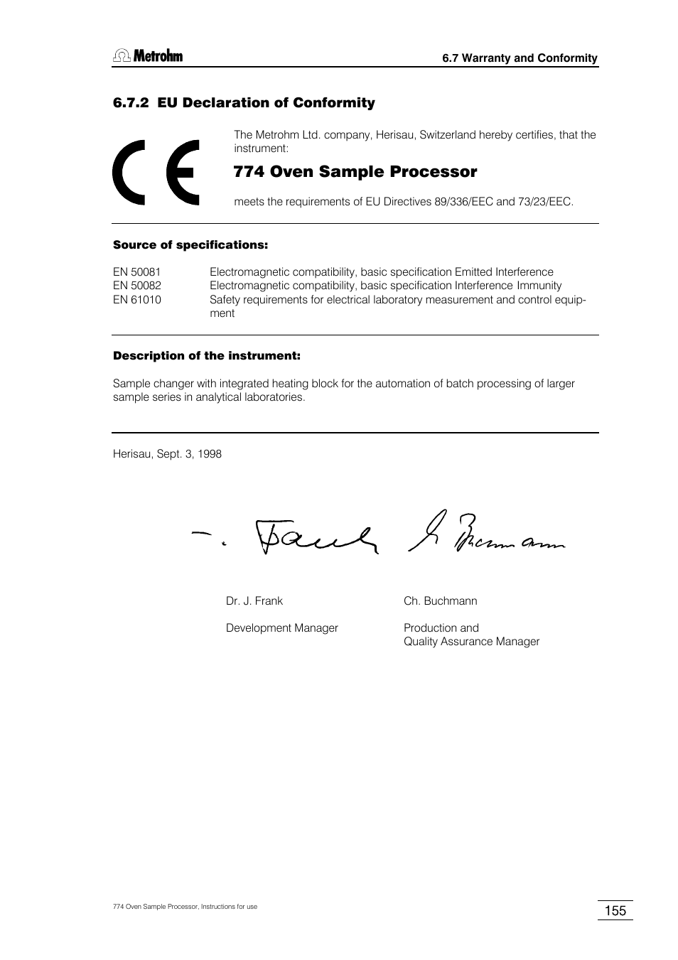 2 eu declaration of conformity, 774 oven sample processor | Metrohm 774 Oven Sample Processor User Manual | Page 161 / 168