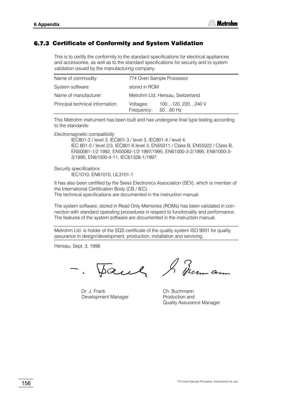 3 certificate of conformity and system validation | Metrohm 774 Oven Sample Processor User Manual | Page 162 / 168