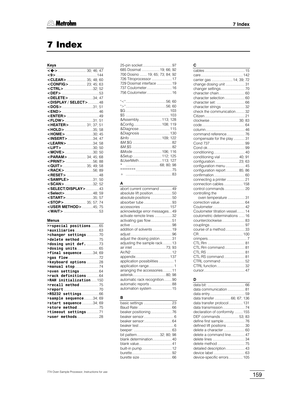 7 index | Metrohm 774 Oven Sample Processor User Manual | Page 165 / 168