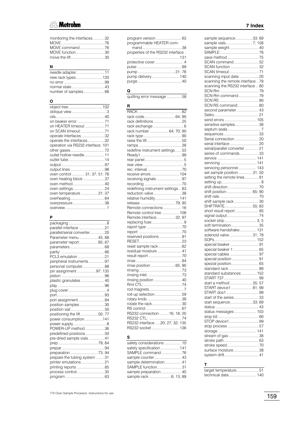 7 index | Metrohm 774 Oven Sample Processor User Manual | Page 167 / 168